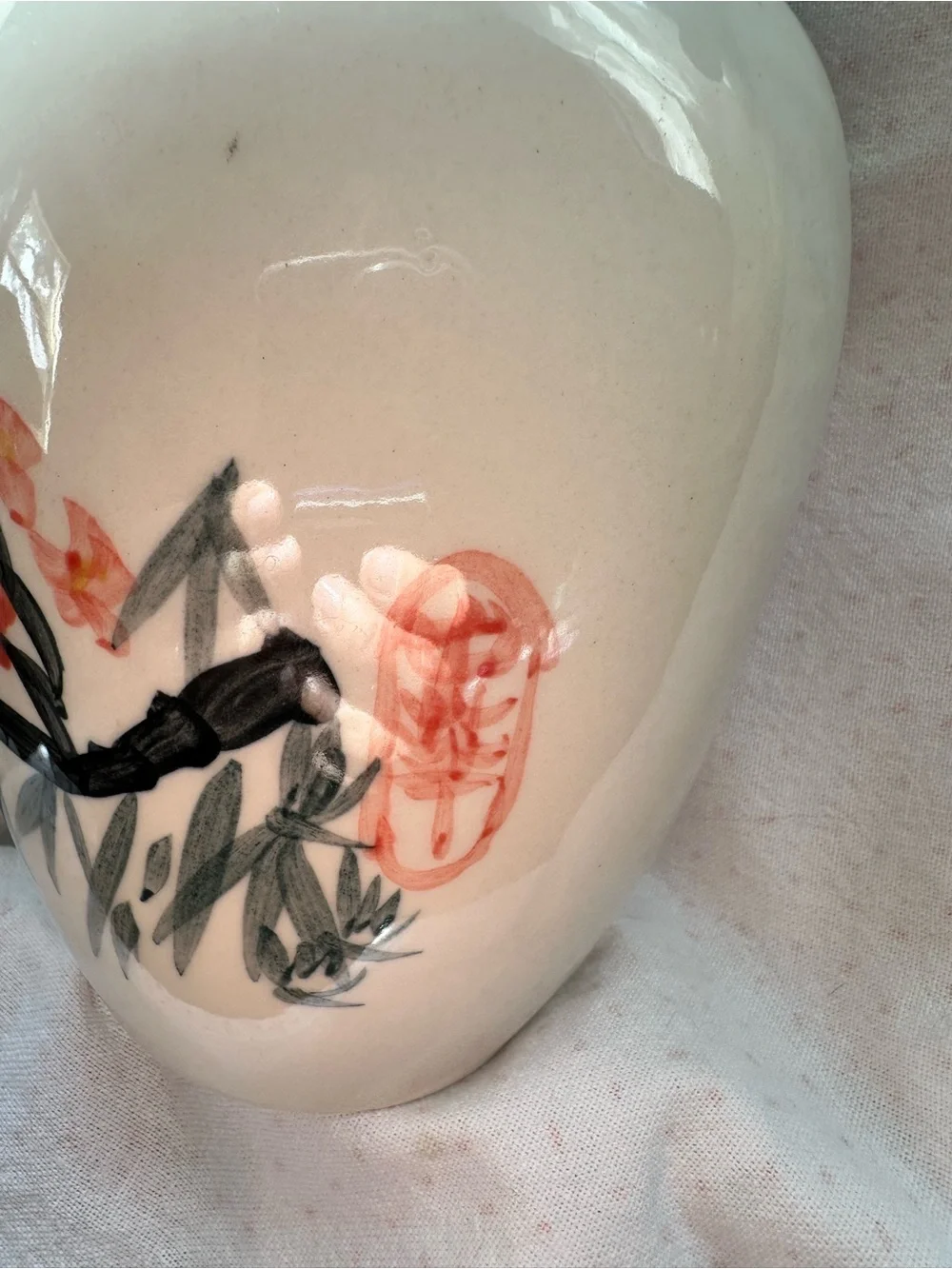 White Asian Oriental Pottery vases HandPainted Signed bamboo cherry art Painting
